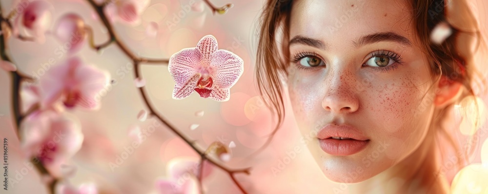 A serene close-up portrait of a beautiful young woman with closed eyes, surrounded by soft-focus flowers and warm, ethereal light. A serene close-up portrait of a beautiful young woman with closed eyes, surrounded by soft-focus flowers and warm, ethereal light.