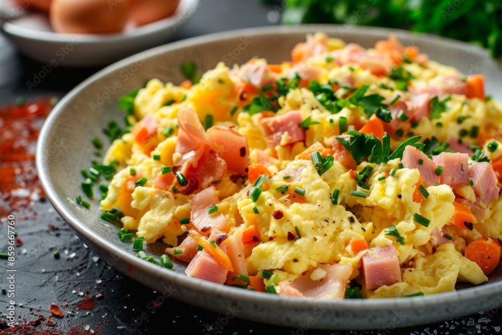 breakfast cuisine, scrambled eggs with ham and seasonings breakfast cuisine, scrambled eggs with ham and seasonings