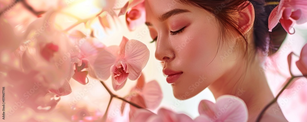 A serene close-up portrait of a beautiful young woman with closed eyes, surrounded by soft-focus flowers and warm, ethereal light. A serene close-up portrait of a beautiful young woman with closed eyes, surrounded by soft-focus flowers and warm, ethereal light.