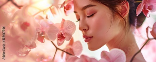 A serene close-up portrait of a beautiful young woman with closed eyes, surrounded by soft-focus flowers and warm, ethereal light. 