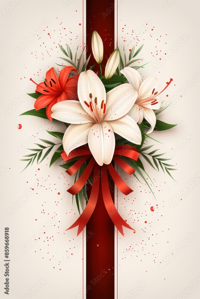 Obraz premium Elegant White Lilies and Red Ribbon Bouquet Against a White Background