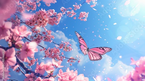 Elegant spring scene with pink butterfly cherry blossom and blue sky