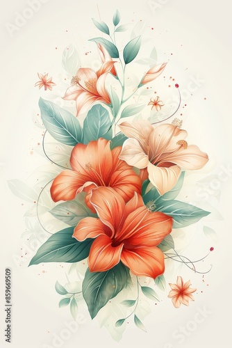 Elegant Orange Hibiscus Flowers With Green Leaves and Watercolor Background