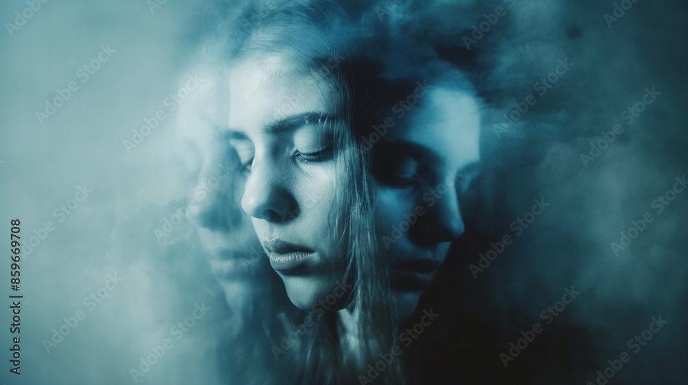 Abstract Portrait of Woman with Multiple Reflections in Blue Tones, Mental Illness Concept Abstract Portrait of Woman with Multiple Reflections in Blue Tones, Mental Illness Concept