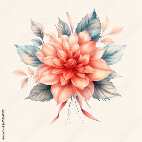 Watercolor Painting of a Single Pink Dahlia With Green Foliage