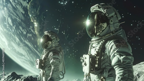 Astronauts on a barren alien landscape beneath a huge moon, capturing the spirit of interstellar exploration and adventure.
