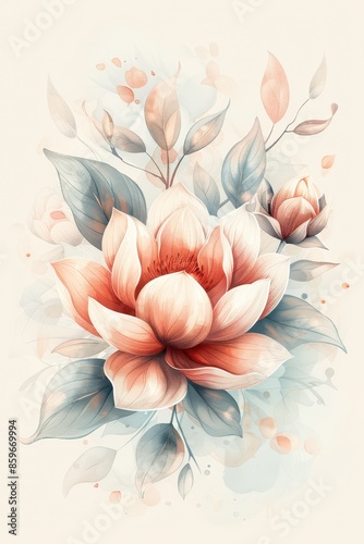 Watercolor Illustration of a Delicate Peach Flower With Blue-Green Foliage