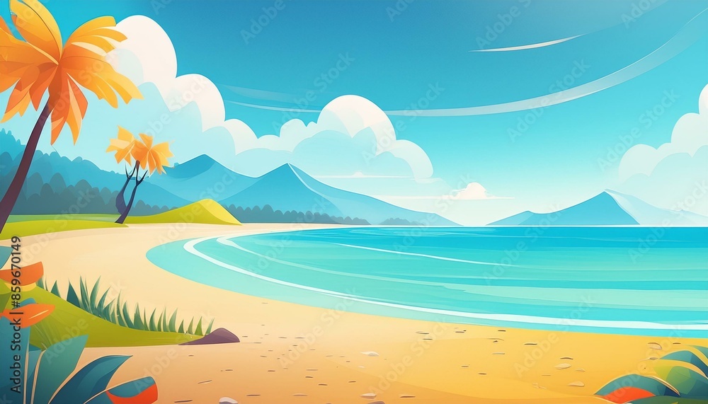 Cartoon summer beach natural paradise Tropical beach or sea coast background image. Cartoon summer beach natural paradise Tropical beach or sea coast background image.
