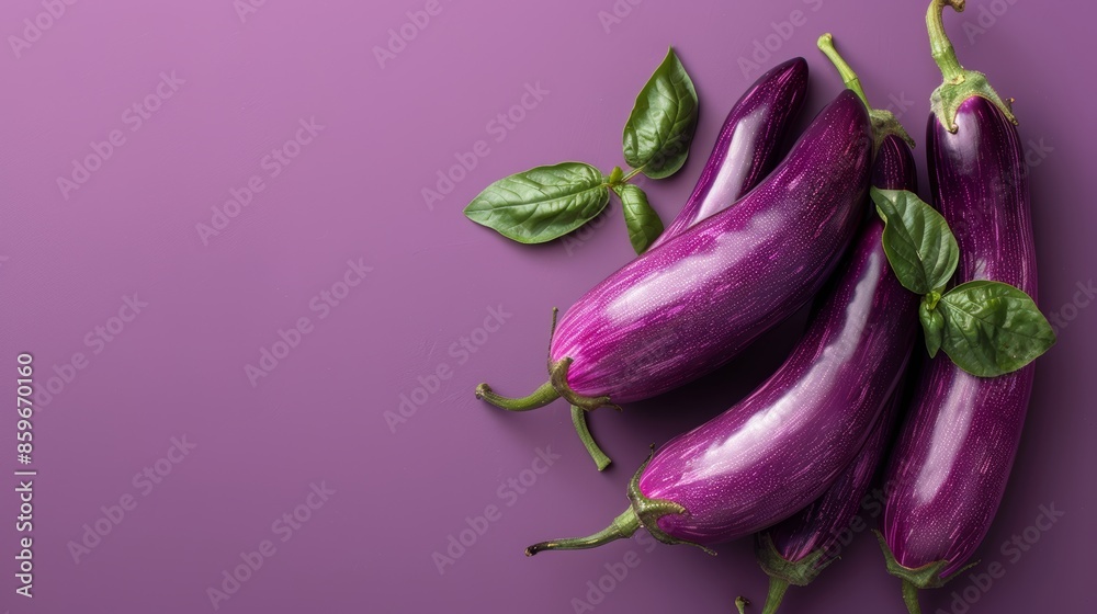Purple eggplants on a purple background. Copy space. Purple eggplants on a purple background. Copy space.