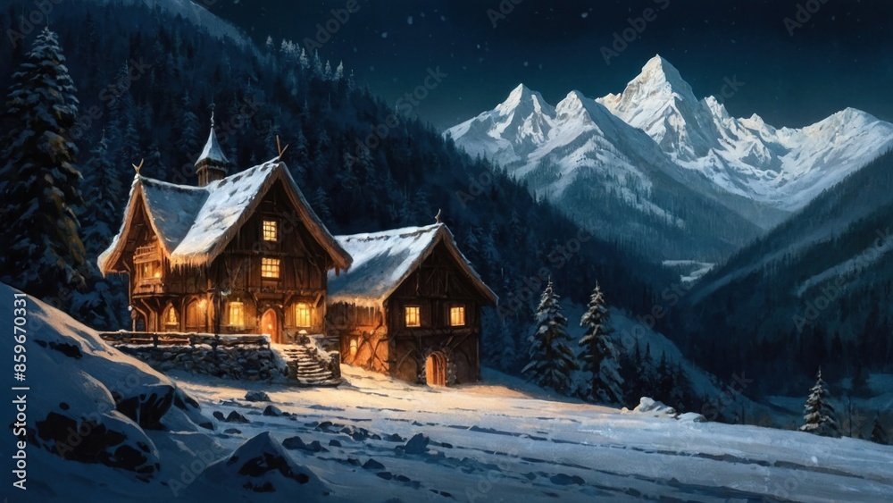 Fototapeta premium Great illustration vintage palace house in the mountains and harsh winter