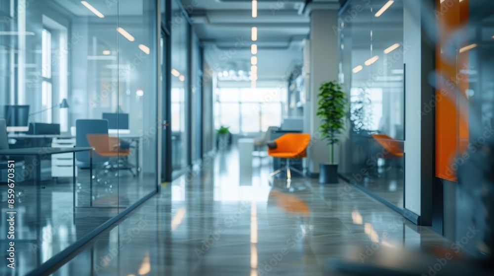 A blurry large open office space with a lot of glass walls and orange accents