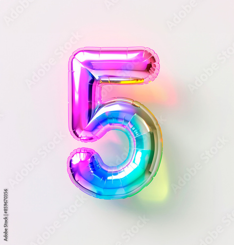 AI generated photo with inflatable multicolored neon number 5. Minimalistic balloon isolated on a white background