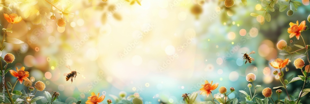 Fototapeta premium Two Smiling Bees Buzzing in a Sunlit Garden on a Summer Day