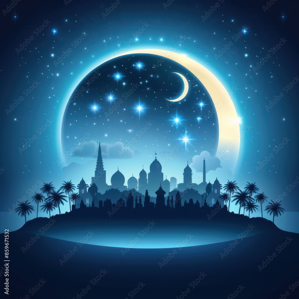 Eid Al Adha Night Sky With Crescent Moon and Cityscape Eid Al Adha Night Sky With Crescent Moon and Cityscape