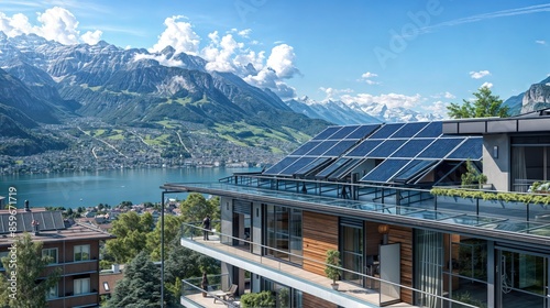 Swiss building with solar panels overlooking lake