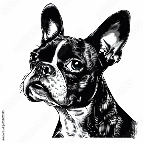 A black and white drawing of a Boston Terrier dog photo