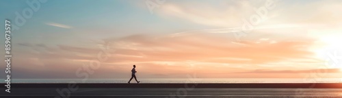 Lone person walking along the beach at sunset with vibrant clouds and calm waters creating a serene and peaceful atmosphere.