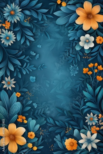 Blue Greeting Card Background With Watercolor Flowers And Leaves