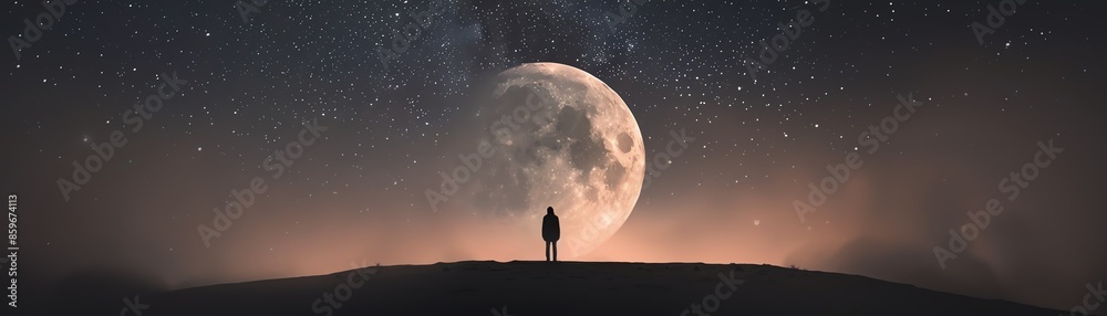 Person standing on hilltop under moonlit night sky. Captivating scene of starry sky, large moon, and tranquil atmosphere. Person standing on hilltop under moonlit night sky. Captivating scene of starry sky, large moon, and tranquil atmosphere.