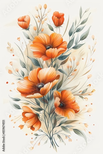 Watercolor Painting Of Orange Poppy Flowers On A White Background