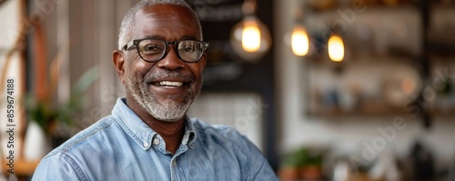 A portrait of a cheerful mature African American gentleman with a big smile, set against a blurred, warm background. His friendly demeanor and genuine happiness are beautifully captured. 
