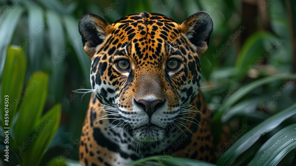A striking jaguar is depicted with an unwavering focus surrounded by the vibrant leaves of its natural habitat, showcasing the beauty and intensity of the wild. A striking jaguar is depicted with an unwavering focus surrounded by the vibrant leaves of its natural habitat, showcasing the beauty and intensity of the wild.