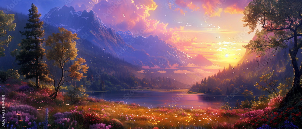 Summer landscape, flowers and trees near the river, mountain view with sunset in the background Summer landscape, flowers and trees near the river, mountain view with sunset in the background