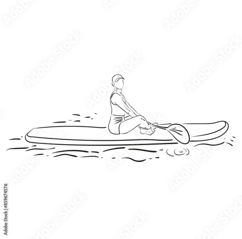 Stand up paddle boarding. Female surfer with paddle. Paddleboarding, SUP fitness on water. Surfrider girl on board. Abstract isolated contour of surfboarder.
