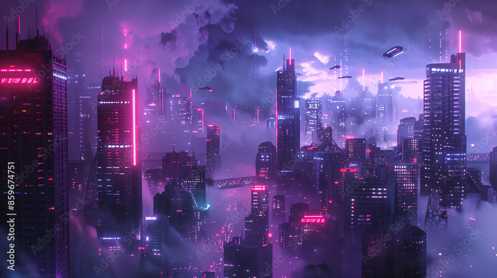 Obraz premium a futuristic cityscape at night with neon lights and towering skyscrapers, featuring a misty atmosphere and flying vehicles in a vibrant urban environment