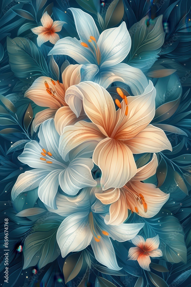 White And Peach Lilies Bloom In Lush Greenery White And Peach Lilies Bloom In Lush Greenery