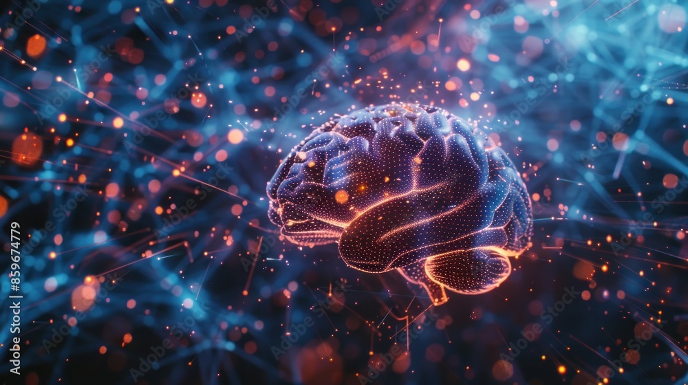 Abstract virtual brain is shown in a computer on a blue background