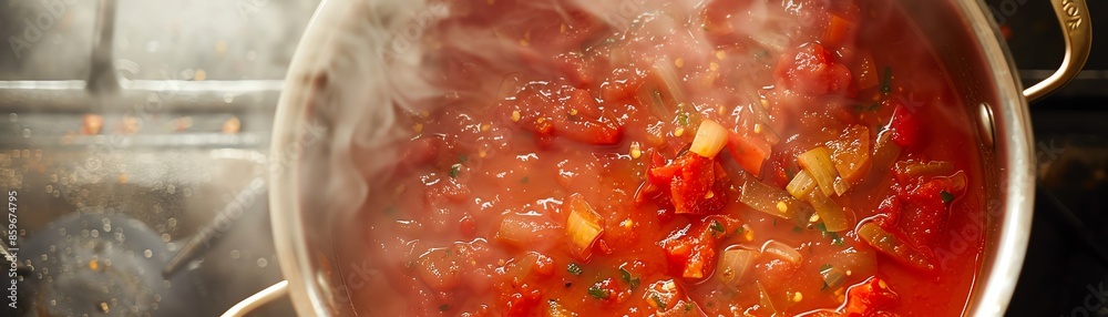Steaming pot of homemade tomato soup with fresh vegetables cooking on stovetop, ideal for culinary blogs and recipe sites. Steaming pot of homemade tomato soup with fresh vegetables cooking on stovetop, ideal for culinary blogs and recipe sites.
