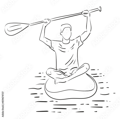 Stand up paddle boarding. Male surfer with paddle. Paddleboarding, SUP fitness on water. Surfrider guy on board. Abstract isolated contour of surfboarder.