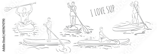 Vector Set SUP paddleboarding. Male and female surfer with paddle. Paddleboarding, SUP fitness on water. Surfrider guy and girl on board. Abstract isolated contour of surfboarder.