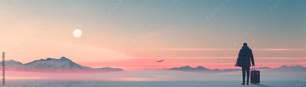 Fototapeta premium Solitary traveler with suitcase in dreamy, snow-covered landscape under a pastel sunrise sky, mountains, and airplane in the distance.