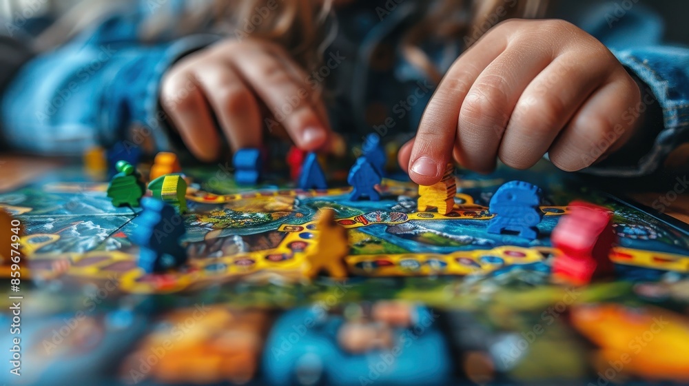 A detailed close-up of hands moving colorful game pieces on an elaborate board game, capturing the concentration and enjoyment of the players involved. A detailed close-up of hands moving colorful game pieces on an elaborate board game, capturing the concentration and enjoyment of the players involved.