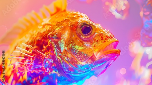 A visually striking fried fish displayed against a vibrant and colorful background. The image highlights the golden, crispy texture of the fish, making it an eye-catching and appetizing dish. photo