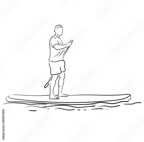 Stand up paddle boarding. Male surfer with paddle. Paddleboarding, SUP fitness on water. Surfrider girl on board. Abstract isolated contour of surfboarder.