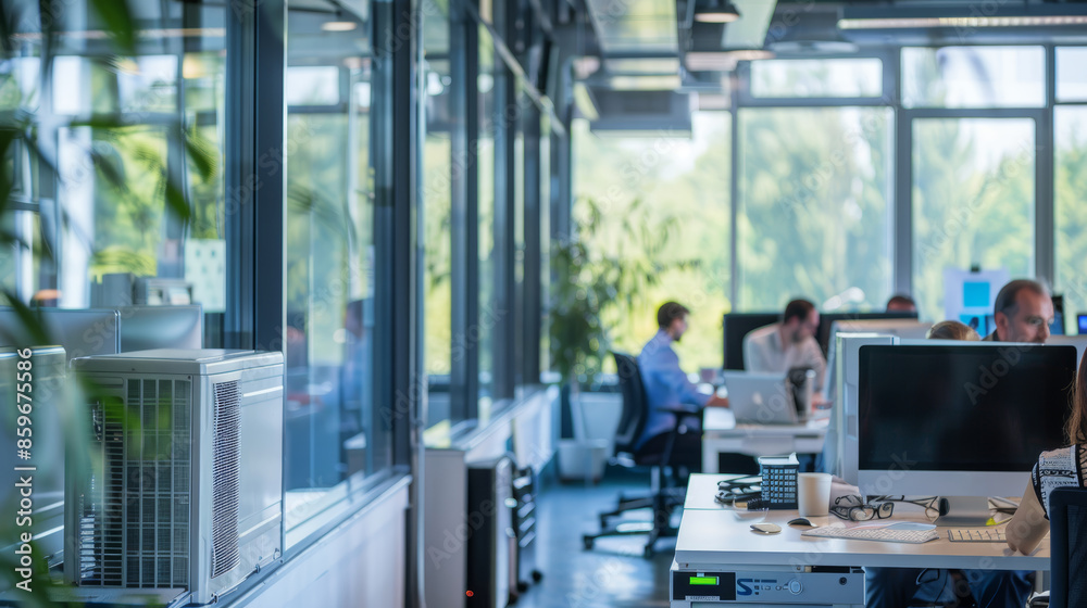 Modern Office with Air Conditioner Ensuring Cool and Productive Workspace with Busy Employees