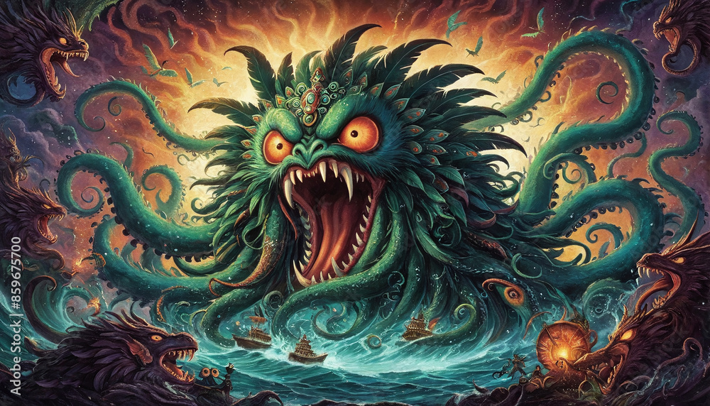 Illustrative depiction of a mythical sea monster that makes the oceans unsafe and is told in old sailor’s tales Illustrative depiction of a mythical sea monster that makes the oceans unsafe and is told in old sailor’s tales