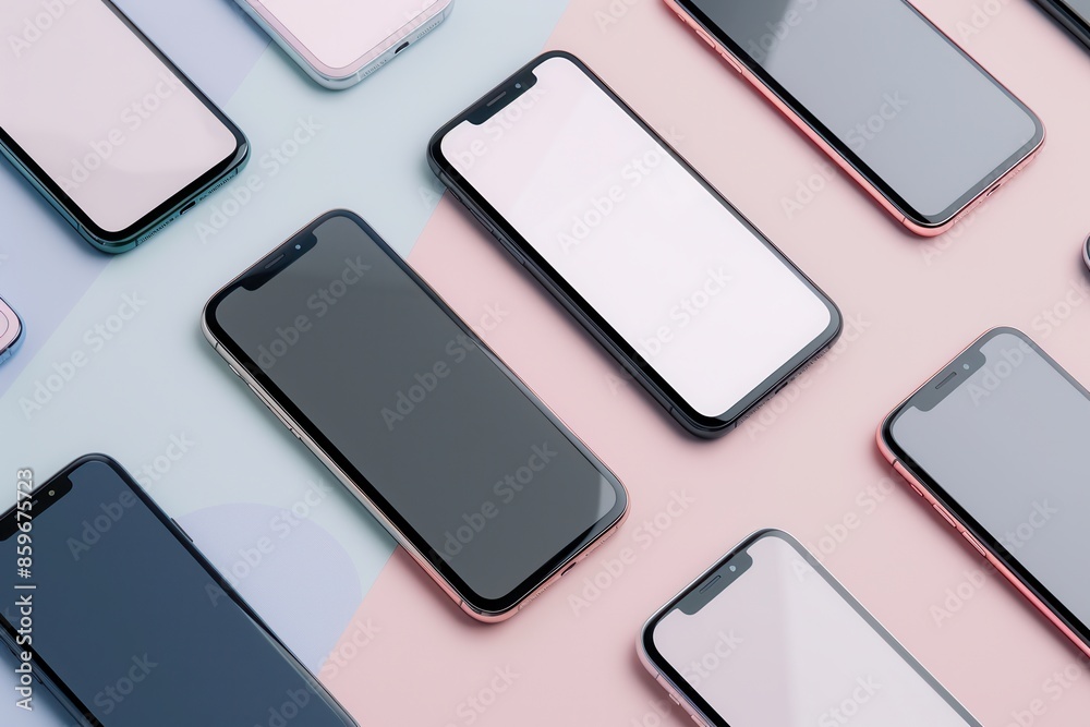 An overhead shot of several modern smartphones arranged in different angles on a pink and blue surface. Generative AI An overhead shot of several modern smartphones arranged in different angles on a pink and blue surface. Generative AI