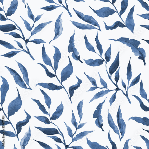 Blue floral watercolor seamless pattern for printing. Intertwining leaves and branches hand drawn. Nature botanical background design for fabric, textile, print, cover, banner and invitation.