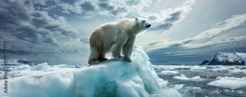 A solitary polar bear sitting on a small block of ice, highlighting the effects of global warming. The serene, icy background underscores the environmental message of climate change and habitat loss. 