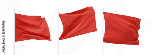 Set of Red waving flag on flagpole. Realistic 3d design flag flies on the wind on isolated white background. vector illustration