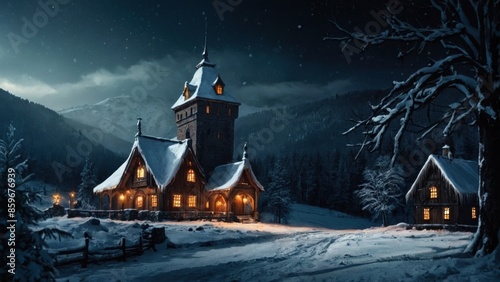 Fantastic castle landscape, winter in the mountains