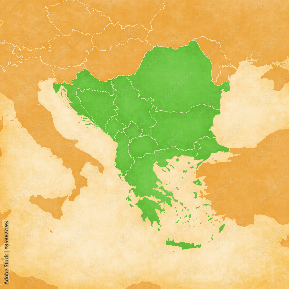 Ocher map of Balkans - all countries Ocher map of Balkans - all countries