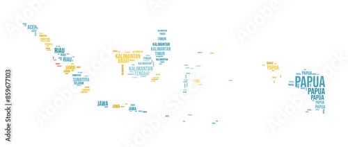 Indonesia Word Cloud. Country shape with region division. Indonesia typography style image. Region names tag clouds. Vector illustration.