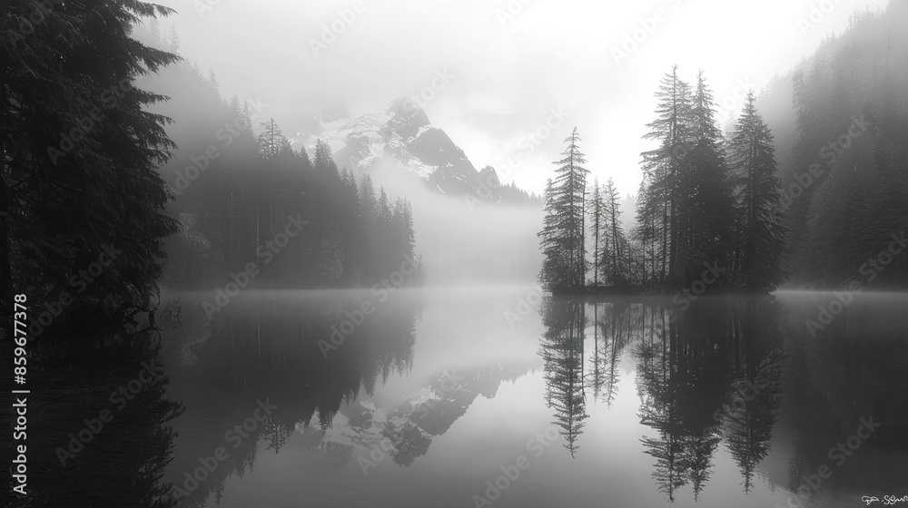 Fototapeta premium Misty Mountain Lake Reflection