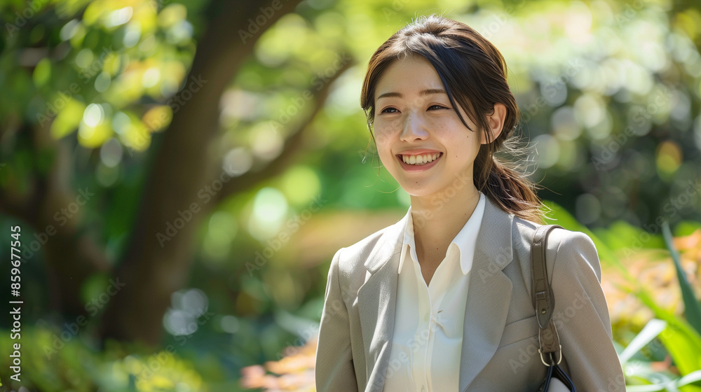 Smiling Japanese woman in a light grey blazer standing outdoors with greenery. Outdoor portrait photography with bokeh effect. Autumn season travel and professional lifestyle concept Smiling Japanese woman in a light grey blazer standing outdoors with greenery. Outdoor portrait photography with bokeh effect. Autumn season travel and professional lifestyle concept