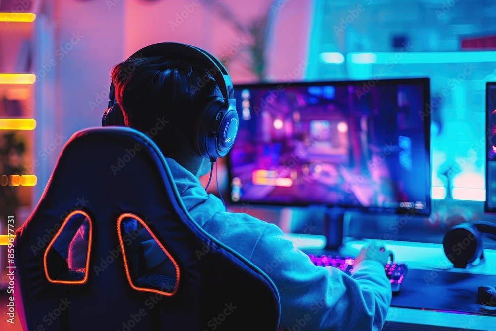 A young male streamer intensely focused while playing video games in a dimly lit room with neon lighting. His headphones and gaming setup highlight the modern and engaging world of online streaming. A young male streamer intensely focused while playing video games in a dimly lit room with neon lighting. His headphones and gaming setup highlight the modern and engaging world of online streaming.